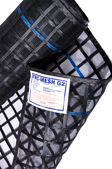 Close-up of black FRC-MESH Gen2 containment mesh roll with blue grid lines and label