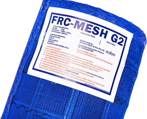 Close-up of blue Dynaton FRC-MESH Gen2 scaffold containment mesh roll with specification label