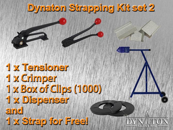 19mm Steel Strapping Kit 2: Tensioner, Crimper, Box of clips, Dispenser.